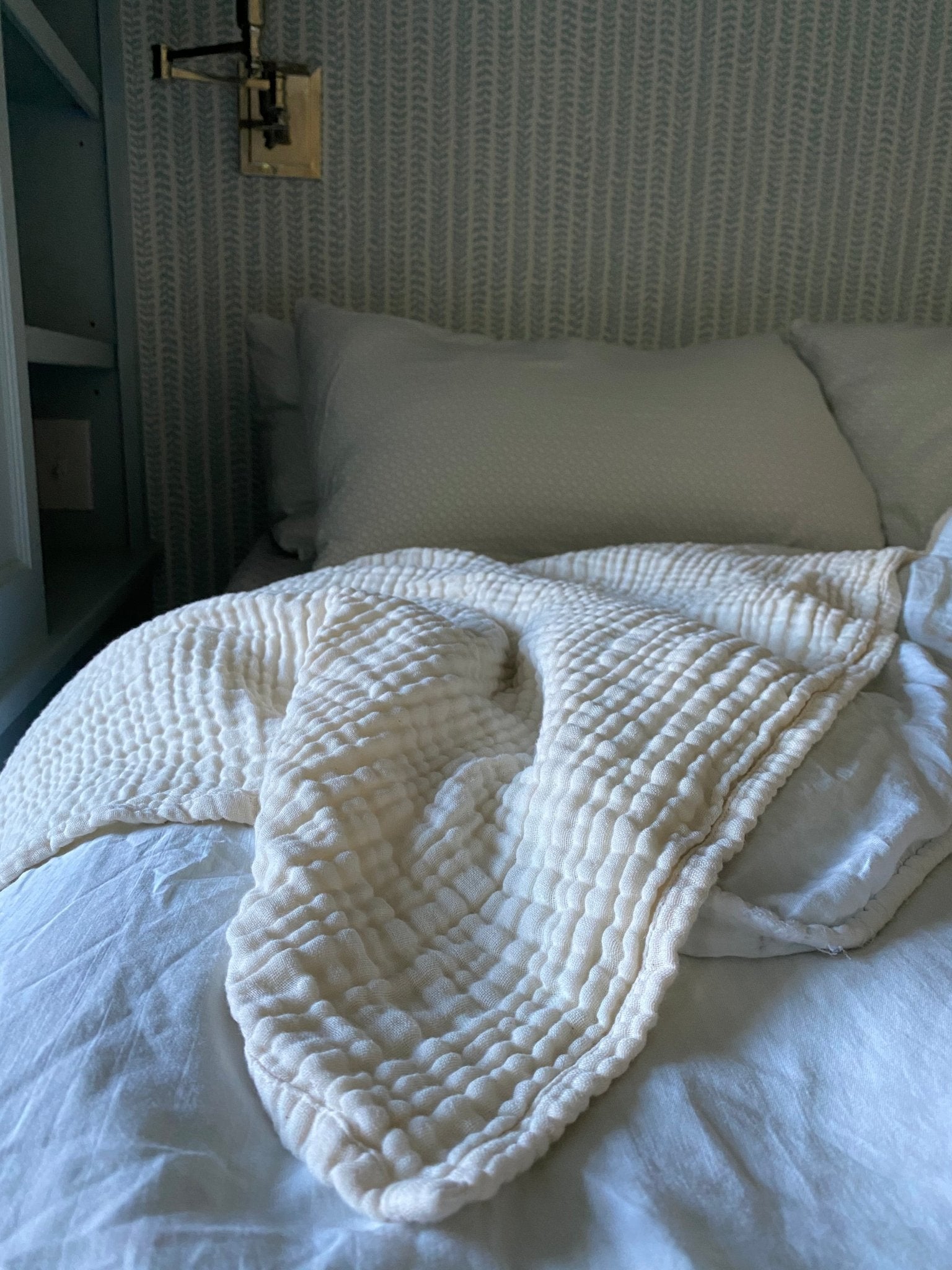 All-Season Organic Muslin Queen Blanket in No-Dye Natural Cream Gray Heron