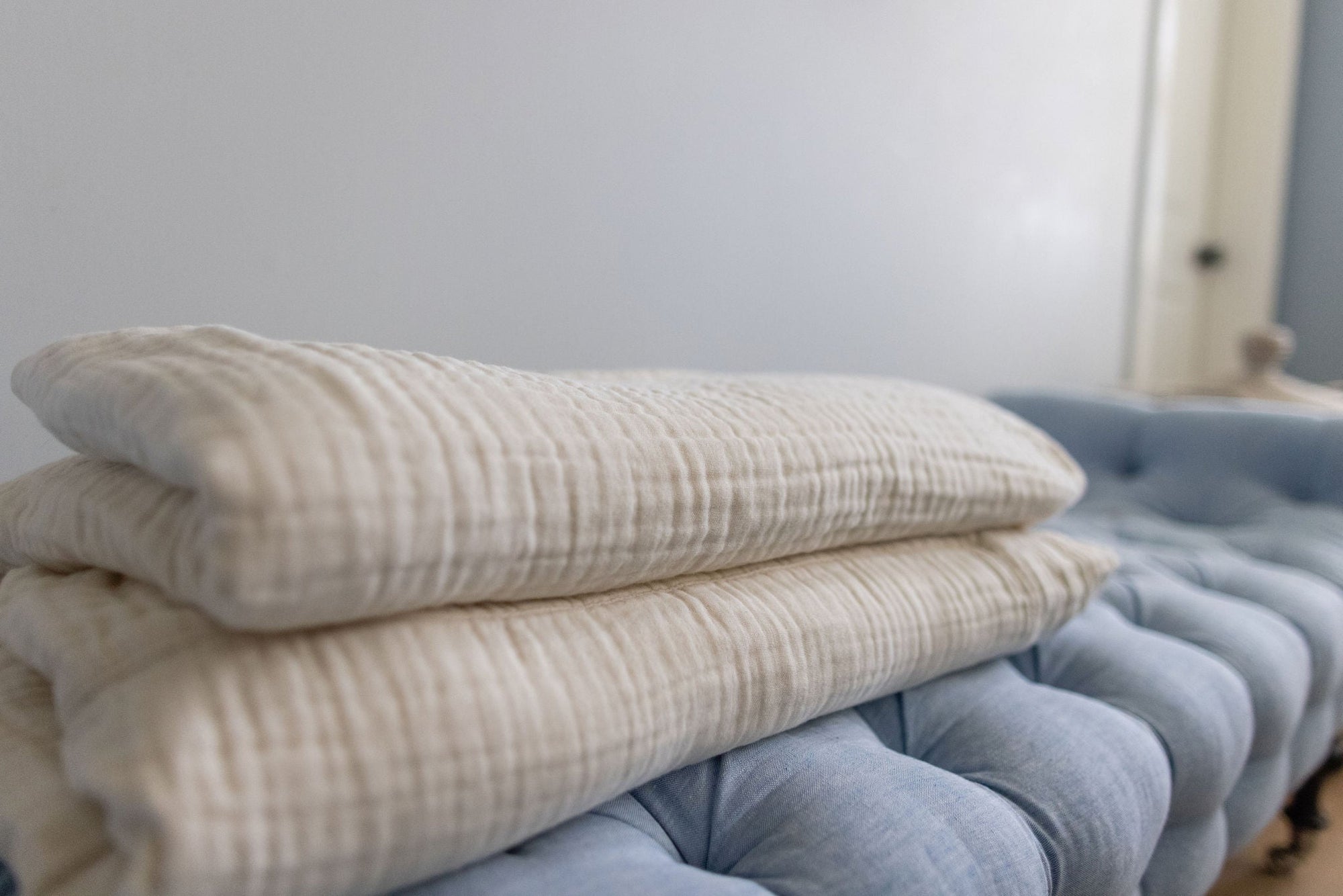Organic Muslin Oversized Throw/Twin with 5 Inch Border, Natural, No-Dye 8 Layer Cotton Muslin Oversized Throw Gray Heron